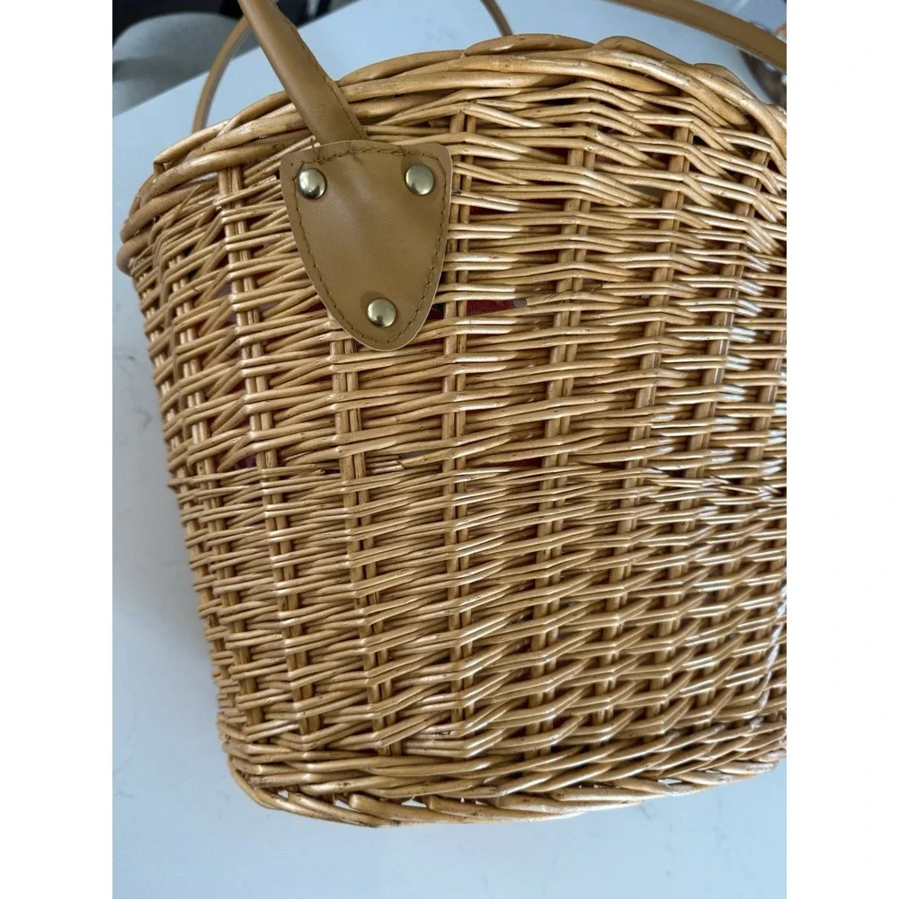 Vintage Woven Cane Oval Basket Apple Vinyl Liner Faux Leather Handles 90's EUC